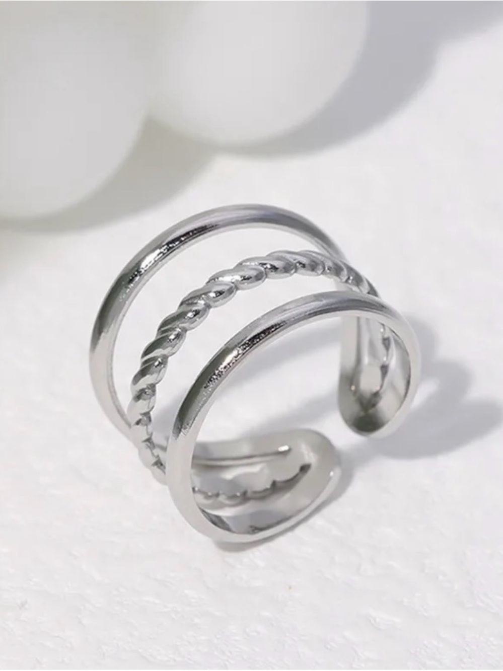 Silver Tone Triple Band Twist Ring | Stainless Steel Adjustable Ring